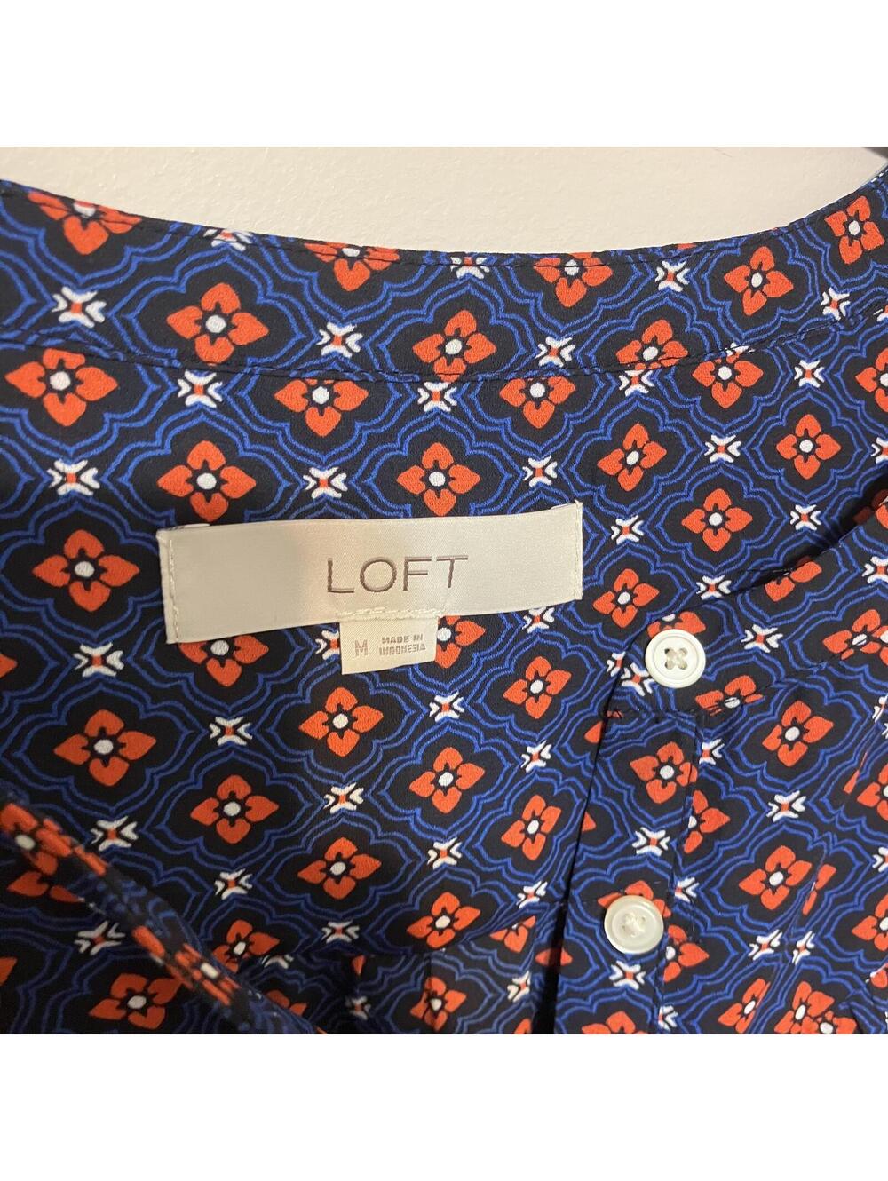 LOFT Women's Preppy Boho Chic Navy Orange Floral Romantic Ruffle Blouse Medium - Picture 2 of 3